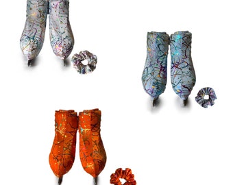 Sequinned Scribble Print Spandex Skate Boot Covers with Matching Scrunchie