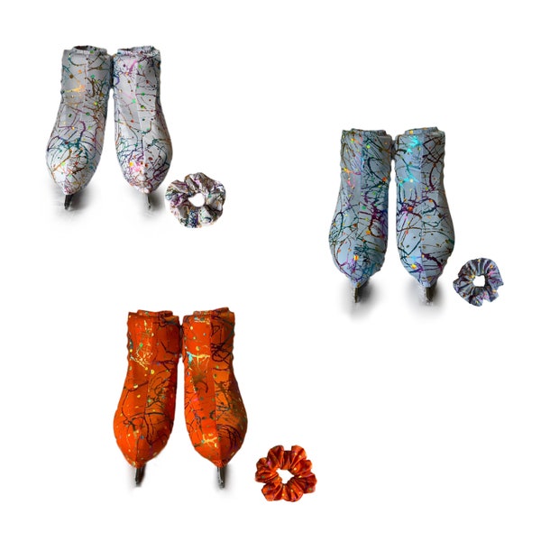 Sequinned scribble print lycra  skate boot covers and matching scrunchie in a choice of 3 colours