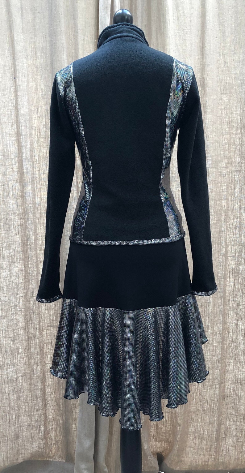 Elegant fishtail style black /& silver ice dance skirt with integral pants and hem edged in metallic thread Adult size 10
