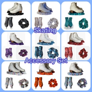 Skating accessary gift sets consisting of boot covers, blade soakers and scrunchies.