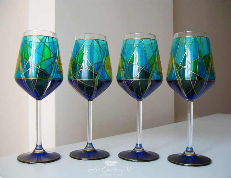 Set of 4 wine glasses Customized wine glass blue Geometric Etsy