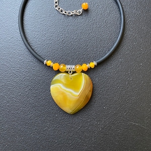 Yellow heart necklace, Necklace with agat pendant yellow heart, handmade Statement Necklace, black choker with pendant, heart necklace