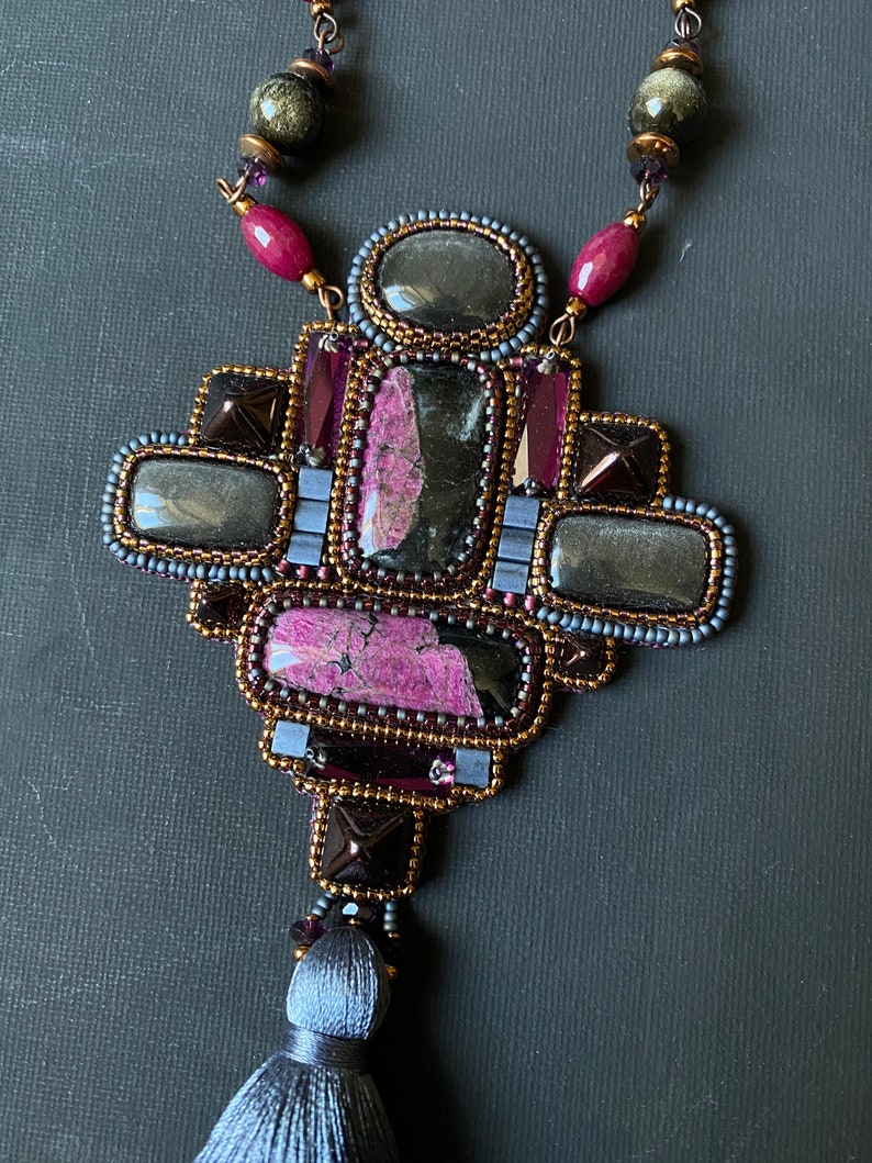 Tassel necklace long beaded embroidered jewelry with gemstones eudialyte obsidian image 2