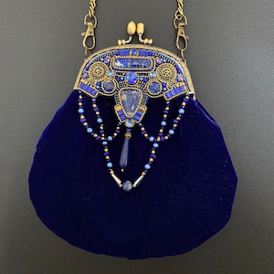 Blue evening bag with frame. Embroidered velvet bag with shoulder handle.