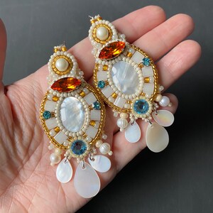 Embroidered Long Earrings: Crystal, Pearl & Agate Gemstone - Elegant Statement Jewelry