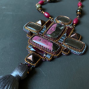 Tassel necklace long beaded embroidered jewelry with gemstones eudialyte obsidian image 4