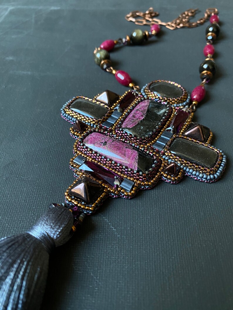 Tassel necklace long beaded embroidered jewelry with gemstones eudialyte obsidian image 4