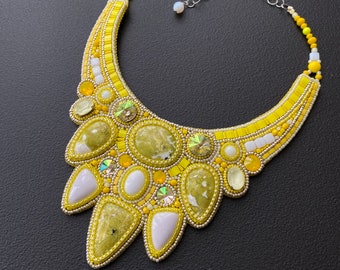 Yellow collar necklace with gemstones, necklace embroidered with beads