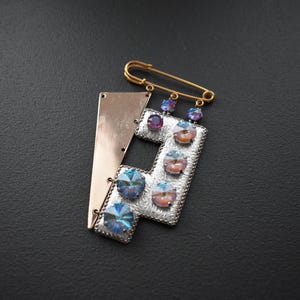 Geometric leather brooch,  English pin with Swarovski rhinestones, art brooch, modern design brooch, Contemporary brooch, gift for her