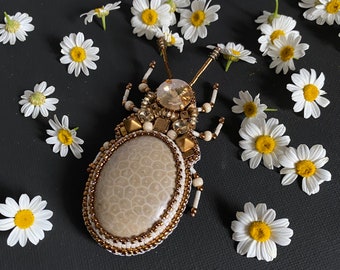 Beetle brooch, embroidered beige brooch , bug brooch with petrified coral stone