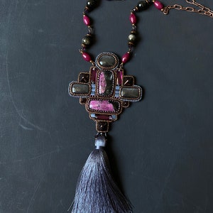 Tassel necklace long beaded embroidered jewelry with gemstones eudialyte obsidian image 1