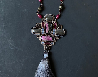 Tassel necklace long beaded embroidered jewelry with gemstones eudialyte obsidian