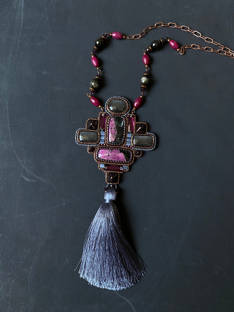 Tassel necklace long beaded embroidered jewelry with gemstones eudialyte obsidian image 1