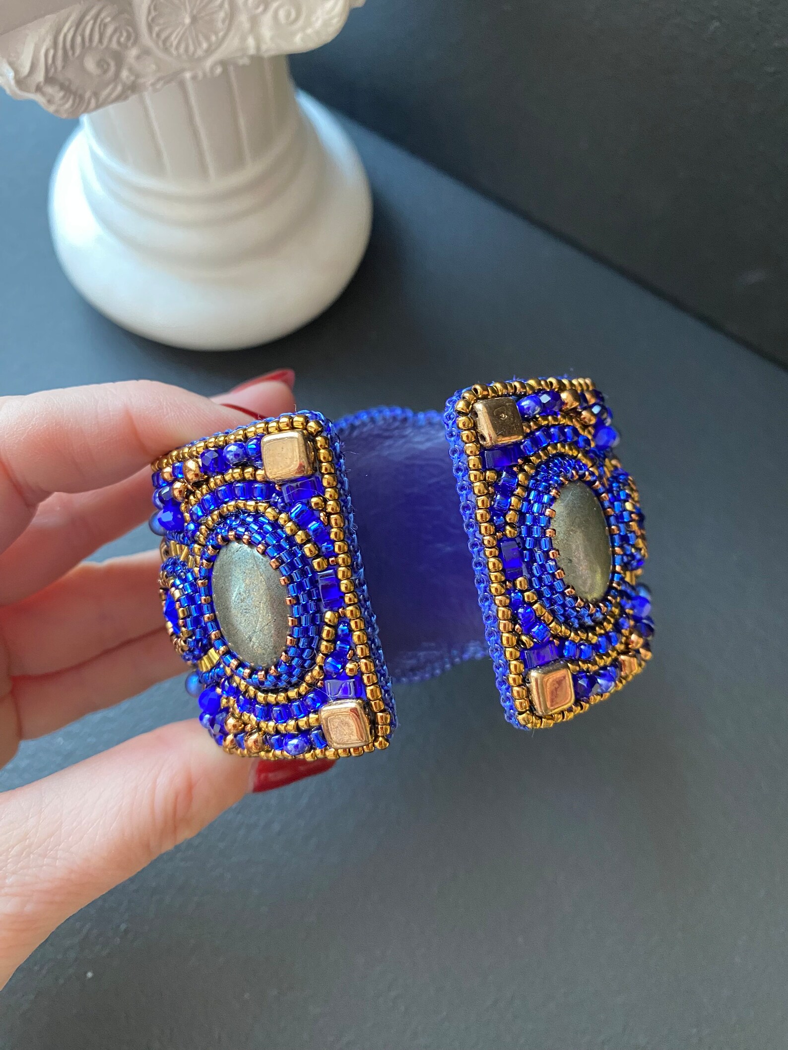 Ornate Blue Lapis Golden Leather Cuff Bracelet