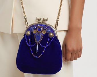 Blue Velvet Evening Bag: Embroidered Lapis Lazuli Beaded Purse