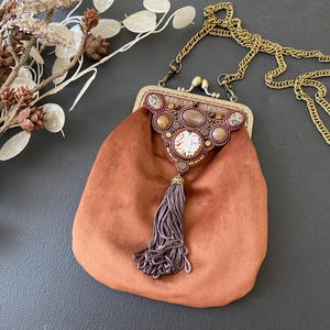 Embroidered Velvet Evening Bag: Beaded Agate Frame, Shoulder Handle