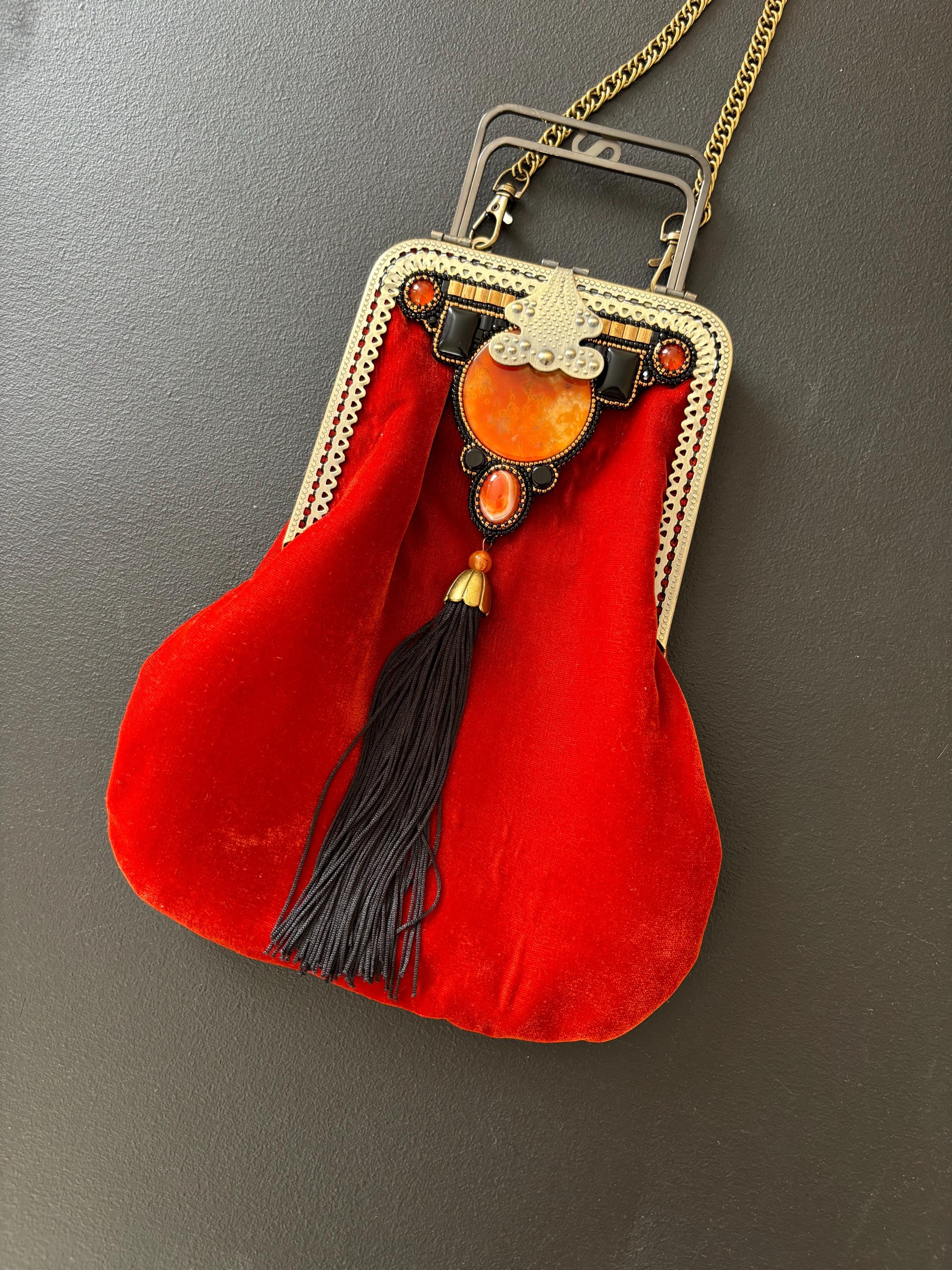 刺繍入りベルベットのイブニングバッグ：オレンジビーズのシアター 