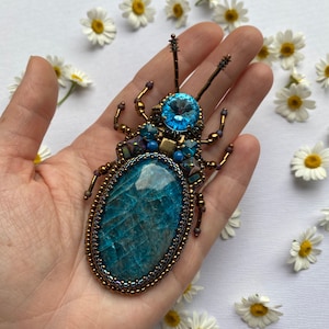 Embroidered blue bug brooch , bug brooch with apatite stone, Gemstone  brooch, big bug embroidered brooch, insect brooch