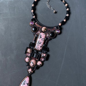 Handmade Embroidered Bib Necklace: Agate, Rhodonite, and Beads
