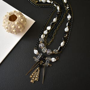 Long Multi-Strand Necklace: Black White Beads, Bronze Chain, Statement Jewelry