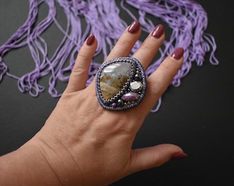 Violet Jasper Cocktail Ring: Gemstone Statement Ring with Swarovski Crystals