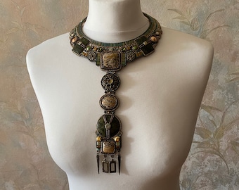 Green collar necklace with jasper and serpentine stones, embroider with beads Transformer necklace.