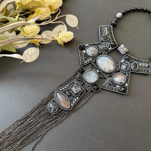 Embroidered Bib Necklace: Black Geometric Jewelry with Natural Stones