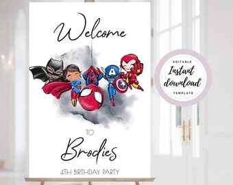 Superhero Welcome Sign Template • INSTANT DOWNLOAD • Editable, Printable Template. Birthday Sign. Birthday Party. Welcome Sign.