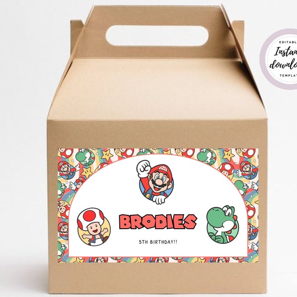 Editable Super Brothers Gable Box , Digital Super Mario Gable Box Labels , Printable Download, Favor Box Template • INSTANT DOWNLOAD •