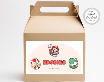 Caja editable de Super Brothers Gable, etiquetas digitales de Super Mario Gable Box, descarga imprimible, plantilla de caja de favor • DESCARGA INSTANTE •