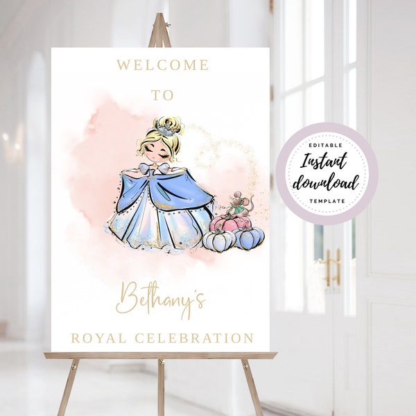 Cinderella Birthday Welcome Sign Template • INSTANT DOWNLOAD • Editable. Printable. Welcome Sign. Princess Welcome Sign. Birthday Party Sign