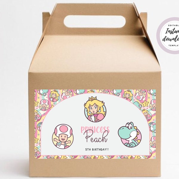 Editable Peach Gable Box , Digital Princess Peach Gable Box Labels , Printable Download, Favor Box Template • INSTANT DOWNLOAD •