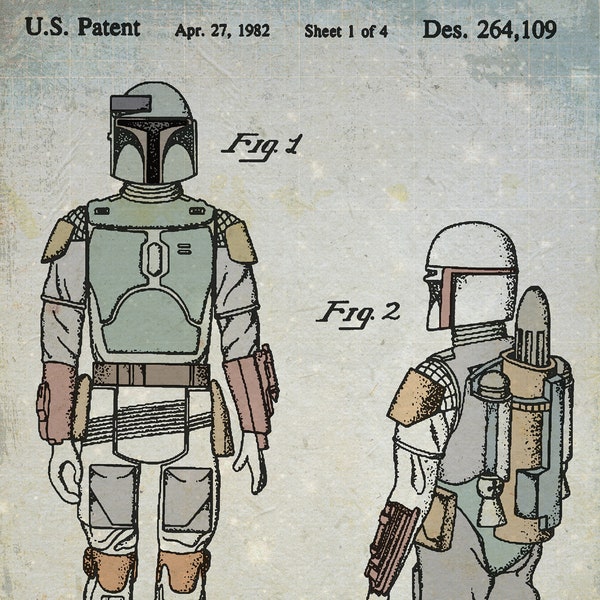 Star Wars Vintage Boba Fett 1982 action figure patent print 11 by 17, 8.5 by 11 or 15 by 24