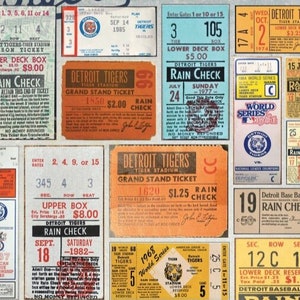 May include: A collage of vintage Detroit Tigers baseball ticket stubs. The tickets feature various dates, prices, and seating locations. The tickets are arranged in a grid pattern on a textured background.