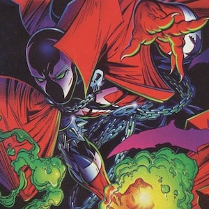 May include: A comic book cover featuring a red and black superhero character with a skull on his chest. The character is surrounded by green smoke and is holding a chain. The comic book is titled "Spawn" and is issue number 1.