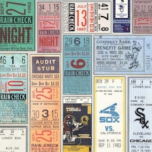 May include: A collection of vintage Chicago White Sox baseball tickets, featuring various game dates, ticket prices, and team logos. The tickets are arranged in a collage style, with some tickets overlapping others. The tickets are printed on a variety of colored paper, with some tickets featuring a rain check.