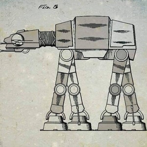 May include: A black and white line drawing of a Star Wars AT-AT walker, a fictional vehicle, on a vintage-style patent document. The document includes the text "U.S. Patent", "Nov. 2, 1982", "Sheet 5 of 6", and "Des. 266,777".