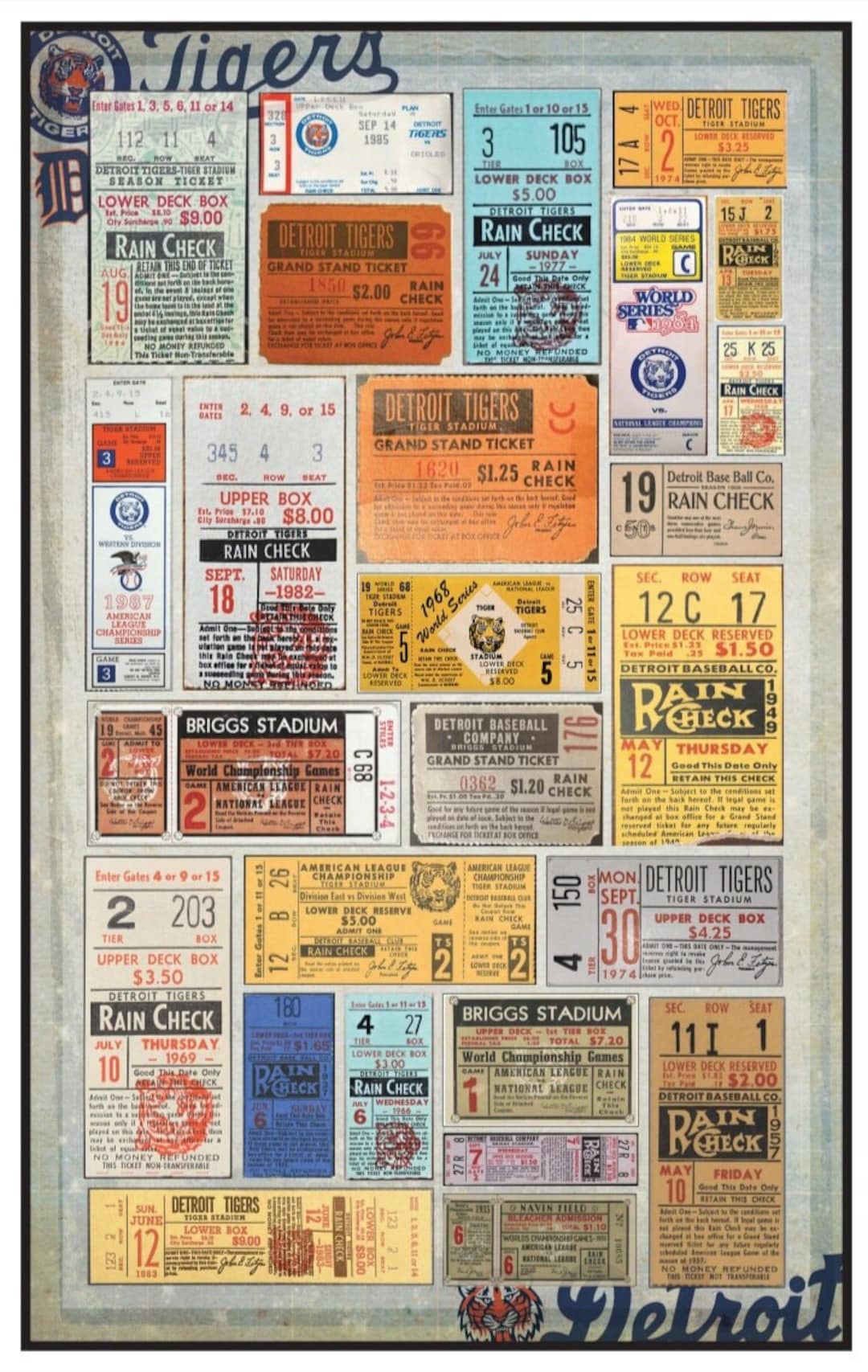 Detroit Tigers Vintage Ticket Stub Collage Print 11 by 17 or 15 by