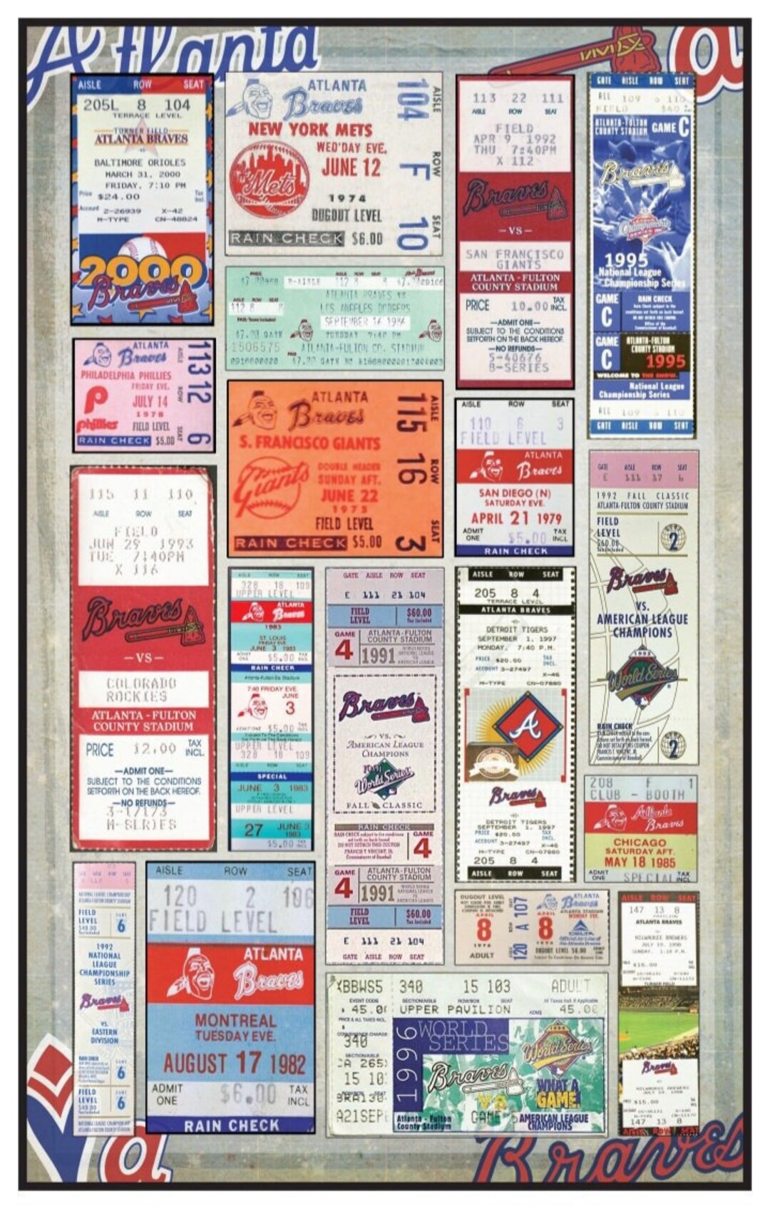 Atlanta Braves Vintage Ticket Stub Collage Print 11 by 17 or 15 by 24