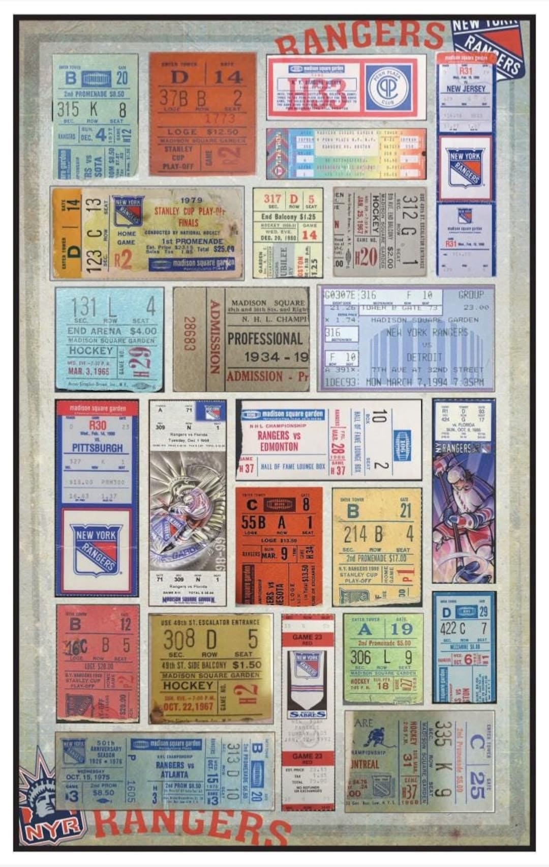 New York Rangers Vintage Ticket Stub Collage Print 15 by 24 or 11 by 17 ...