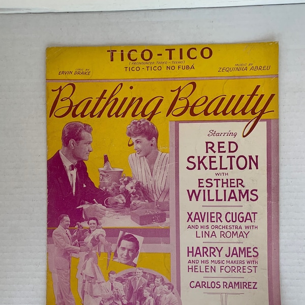 Vintage Tico-Tico Sheet Music 1943, Bathing Beauty starring Red Skelton Esther Williams, Vintage Tico-Tico No Fubá Sheet music, Red Skelton