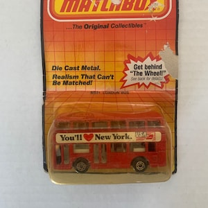 Vintage Matchbox London Double Decker Bus, 1981 Matchbox Bus, You’ll Love New York USA Bus Made in Macau, Leyland Titan, I Love NY Red Bus