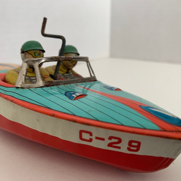 Vintage 1950s Tin Litho Wind Up Passenger Speed Boat, Trade Mark Modern Toys Japan, Vintage 1950s Tin Wind up Boat, Japan Litho Speed Boat