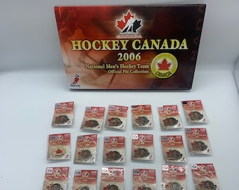 Colección de pins oficiales vintage de la selección masculina de hockey de Canadá, nuevos, sin abrir, en paquete. Colección de pins del equipo masculino de Canadá.