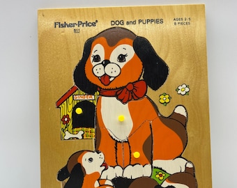 Vintage Fischer-Preis Hund und Welpen Holzpuzzle, Hund und Welpen Holztablett Puzzle mit Stiften, Hund und Welpen 511 Fischer-Preis Puzzle