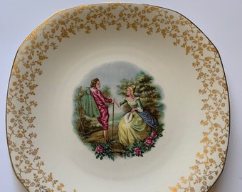 Vintage Alfred Meakin Courting Couple Plate, Gold Edged Decorative Plate, England Couple Plate, Edge Gold Flowers Plate, Alfred Meakin Plate