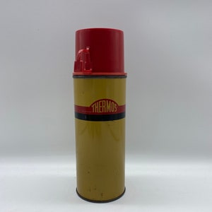 Vintage Thermos Brown and Red Stripe, Thermos Bottle No. 34, Tan with Brown Stripe Thermos, Vintage Brown Metal Thermos with Handle Cup