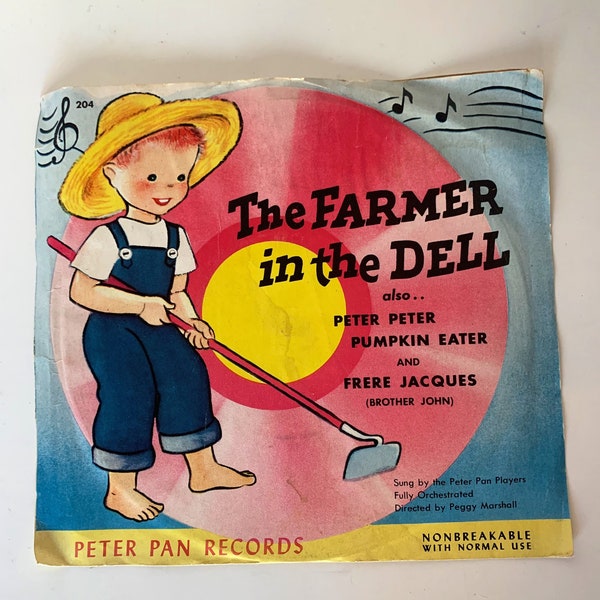 The Farmer in the Dell, 1950 Peter Pan Records, Red Non-Breakable Children’s Vinyl Record, Peter Peter Pumpkin Eater and Frère Jacques album