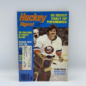 May include: A vintage cover of Hockey Digest magazine from June 1977 featuring a photo of a hockey goalie wearing a blue and orange uniform with the words "Six Greatest Stanley Cup Performances!" and "Goalles Have To Be Smart" printed on the cover.