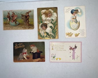 Antique Easter Picture Postcards, 5 Easter Greetings Postcards 1900’s, Antique One Cent US Postage Postcards, Vintage Easter Bunny Postcards